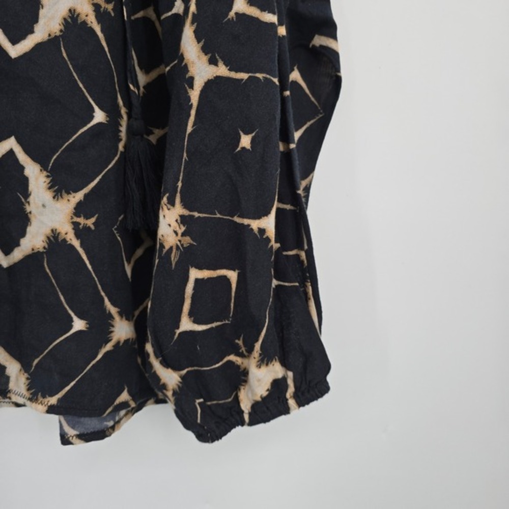 Sundance Womens Black Tan Geometric Tie Dye Cotton Tassel Peasant Blouse Medium - Picture 5 of 10